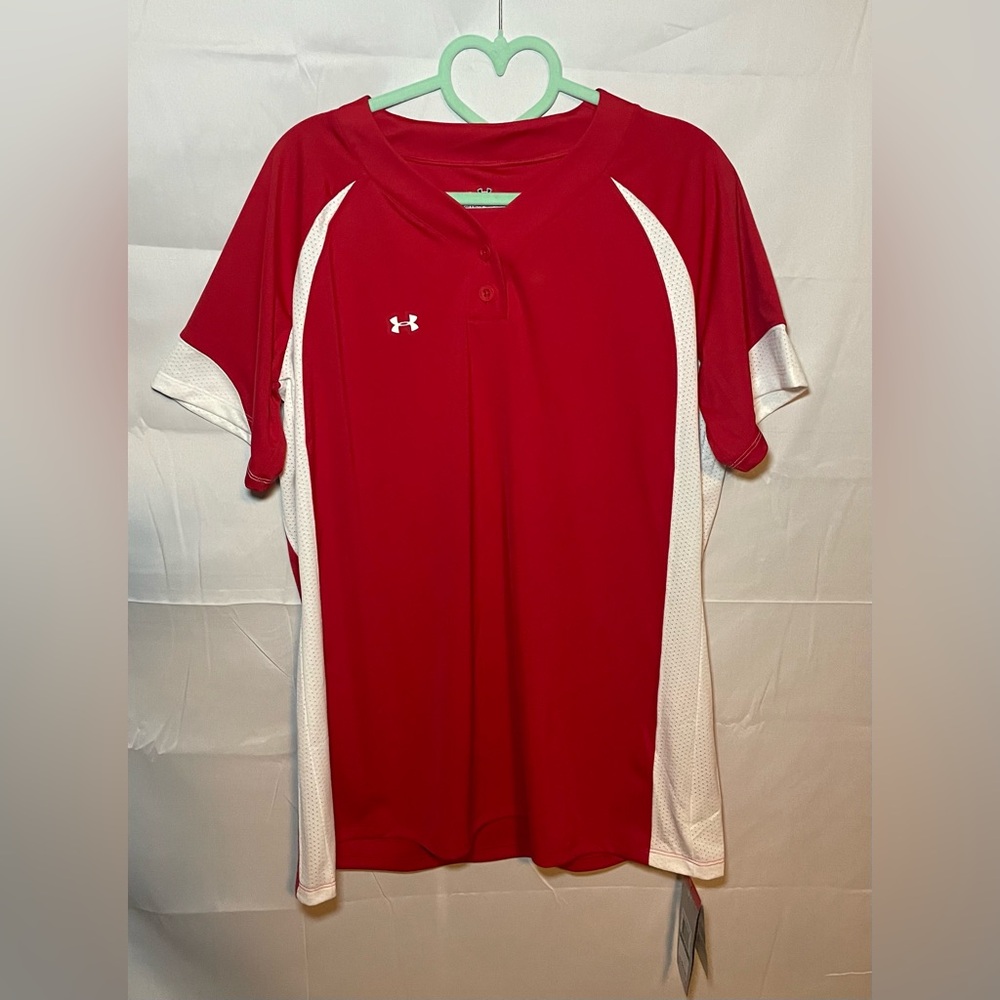 Women’s Under Armour Red White Softball Shirt New Large Heat Gear Fit